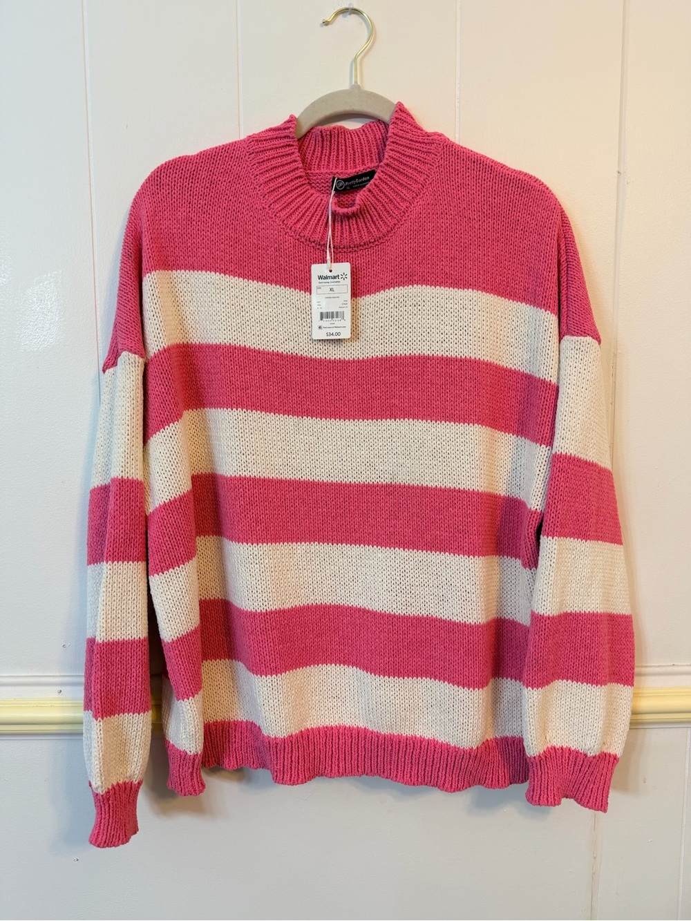 Women’s Crewneck Stripe Sweater in Pink and Cream